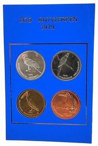 Belgium, Kingdom, Baudouin I, Official Annual Coin Set 1979 from the ZOO in Antwerp with 4 animal tokens, good for 10 entrances to the Zoo (still valuable), UNC in original blister