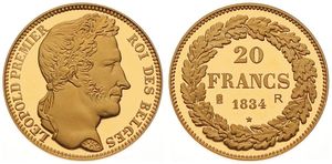 Belgium, Kingdom, Leopold I, Restrike : 20 Francs Gold 1834, Laureate head right, GR-BR 3961, PROOF (*)