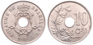 Belgium, Kingdom, Leopold II, 10 Centimes Copper-Nickel 1904FR, Center hole within crowned monogram, Morin 262, UNC