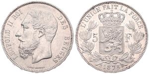 Belgium, Kingdom, Leopold II, 5 Francs Silver 1875, Bearded head left, Morin 162, XF