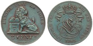Belgium, Kingdom, Leopold I, 2 Centimes Copper 1865, Seated lion with tablet, Morin 113, XF
