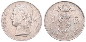 Belgium, Kingdom, Baudouin I, 1 Franc Copper-Nickel 1962FL, Head of Ceres left, Morin 615, SCARCE VARIETY WITH DOUBLE DATE & DOUBLE ENGRAVERS NAME, VF
