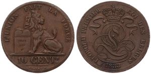 Belgium, Kingdom, Leopold I, 10 Centimes Copper 1833, Seated lion with tablet, Morin 62, XF