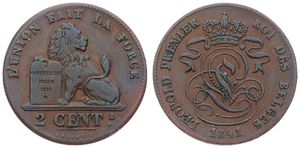 Belgium, Kingdom, Leopold I, 2 Centimes Copper 1841, Seated lion with tablet, Morin 91, SCARCER DATE, VF