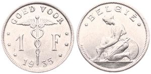 Belgium, Kingdom, Leopold III, 1 Franc Nickel 1935FL, Kneeling woman left, Morin 450, XF/AU