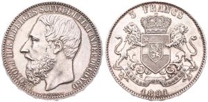 Congo Free State, Royal Domain, Leopold II, 5 Francs Silver 1891, Bearded head left, KM 8.1, RARE, XF