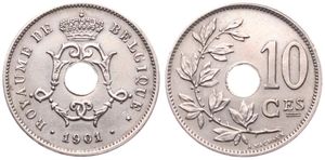 Belgium, Kingdom, Leopold II, 10 Centimes Copper-Nickel 1901FR, Center hole within crowned monogram, Morin 257, SCARCE KEY DATE, A.UNC