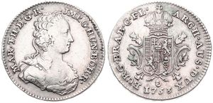 Austrian Netherlands, Maria Theresia, 1/2 Ducaton Silver 1753, Bust with décolletage right / Crowned ornate arms, KM 7 - Antwerp, VF