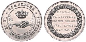 Belgium, Kingdom, Leopold I, Medal in Tin 1832 by Hart, Marriage of Leopold I and Louise d'Orléans à Compiègne, Crown above hands / Legend within a wreath of roses, XF