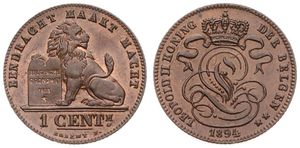 Belgium, Kingdom, Leopold II, 1 Centime Copper 1894FL, Seated lion with tablet, Morin 227, UNC
