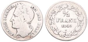 Belgium, Kingdom, Leopold I, 1/2 Franc Silver 1843, Laureate head left, Morin 33, Fine (some scratches)