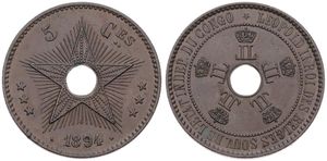 Congo Free State, Royal Domain, Leopold II, 5 Centimes Copper 1894, Center hole flanked by crowned monograms within beaded circle, KM 3, XF