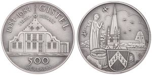 Belgium, Kingdom, Baudouin I, Gistel - 500 Lievekes in Silver Plated Copper 1984, Saint with Church and shield / View on the City Hall (Stadsdukaat), GMJ 1984/60b, SCARCE, UNC