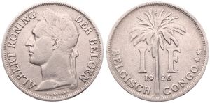 Belgian Congo, Colony, Albert I, 1 Franc Copper-Nickel 1926/25, Laureate head of the King left, KM 21 Flemish Legend, A.VF