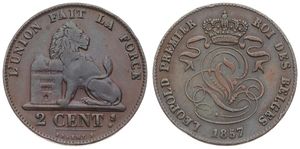Belgium, Kingdom, Leopold I, 2 Centimes Copper 1857, Seated lion with tablet, Morin 105, VF
