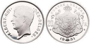 Belgium, Kingdom, Albert I, Restrike : 20 Francs (4 Belgas) Silver 1931FR, Head left, GR-BR 3971, PROOF