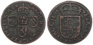 Spanish Netherlands, Charles II, 1 Oord Copper 1692, Crowned title and three shields / Crowned arms, VH 722.BG - Bruges, VF
