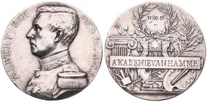 Belgium, Kingdom, Albert I, Medal in Silver Plated 1910-11 by F. Vermeylen, Akademie van Hamme, Uniformed bust of Albert I left / Several academical objects, XF