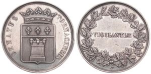 Belgium, Kingdom, Tournai, Medal in Silver ND (1818) by J. Wiener, Senatus Tornacensis, Crowned coat of arms / Legend ' Vigilantiae ' within laurel wreath, XF