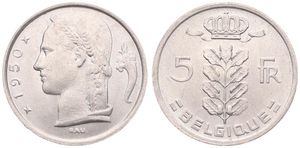 Belgium, Kingdom, Prince Charles, 5 Francs Copper-Nickel 1950FR, Head of Ceres left, Morin 525, A.UNC