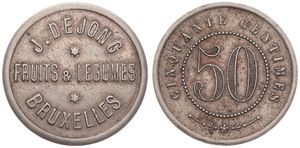 Belgium, Kingdom, Bruxelles, Jeton in Copper-Nickel ND, Cinquante (50) Centimes / J. De Jong, Fruits & Legumes, Bruxelles, VF