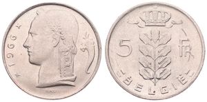 Belgium, Kingdom, Baudouin I, 5 Francs Copper-Nickel 1966FL, Head of Ceres left, Morin 565, UNC