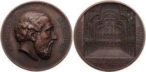 Belgium, Kingdom, Leopold II, Medal in Bronze 1872 by Ch. & L. Wiener, Inauguration du Bourse d'Anvers, Head of the architect J. Schadde right / View on the Bourse, XF