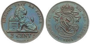 Belgium, Kingdom, Leopold I, 2 Centimes Copper 1864, Seated lion with tablet, Morin 112, XF/AU