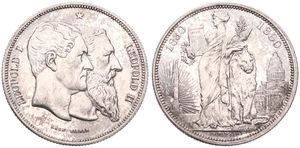 Belgium, Kingdom, Leopold II, 5 Francs (Medallic) Silver 1880, 50th Anniversary of Belgian Independence, Morin M/12a, (With 15 rays left from column), UNC !