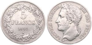 Belgium, Kingdom, Leopold I, 5 Francs Silver 1848, Laureate head left, Morin 14a, VARIETY : DOUBLE STAR BELOW DATE, VF