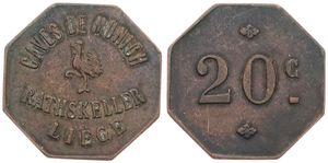Belgium, Kingdom, Liège, Jeton in Copper ND, 20 Centimes / Caves de Munich - (Rooster) - Rathskeller Liège, VF