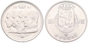 Belgium, Kingdom, Prince Charles, 100 Francs Silver 1951FL, Conjoined heads of four Kings, Morin 508, UNC