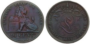 Belgium, Kingdom, Leopold I, 10 Centimes Copper 1832, Seated lion with tablet, Morin 61a, VARIETY WITHOUT DOT AFTER BRAEMT F, VF