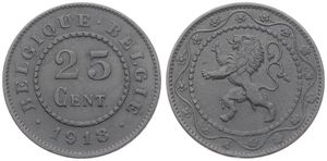 Belgium, Kingdom, Albert I, 25 Centimes Zinc 1918FR/FL, German Occupation - Rampant lion within circle, Morin 436, A.XF