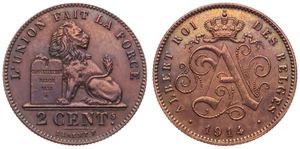 Belgium, Kingdom, Albert I, 2 Centimes Copper 1914FR, Seated lion with tablet, Morin 314, RARE DATE, UNC