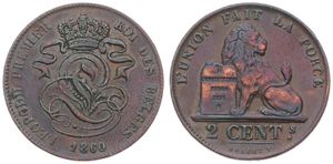 Belgium, Kingdom, Leopold I, 2 Centimes Copper 1860, Seated lion with tablet, Morin 108, WITH NORMAL 0 IN DATE, VF/XF