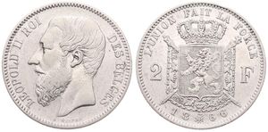 Belgium, Kingdom, Leopold II, 2 Francs Silver 1866FR, Bearded head left, Morin 168, VF