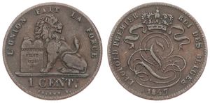 Belgium, Kingdom, Leopold I, 1 Centime Copper 1847, Seated lion with tablet, Morin 120, SCARCE VARIETY WITH DASH LEFT UNDER 7 IN DATE !, XF