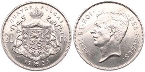 Belgium, Kingdom, Albert I, 20 Francs (4 Belgas) Nickel 1931FR (Position B), Head left, Morin 376b, XF