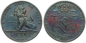 Belgium, Kingdom, Leopold I, 5 Centimes Bronze 1848, Seated lion with tablet, Morin 75, RARE VARIETY IN BRONZE !, XF