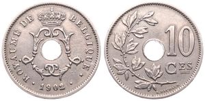 Belgium, Kingdom, Leopold II, 10 Centimes Copper-Nickel 1902/01FR, Center hole within crowned monogram, Morin 258a, XF