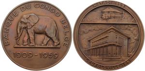 Belgian Congo, Colony, Baudouin I, Medal in Bronze 1959 by De Greef, 50th Anniversary of the Banque du Congo Belge, African Elephant left / Bank buildings in Matadi & Leopoldville, XF