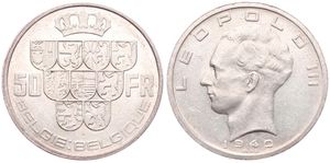 Belgium, Kingdom, Leopold III, 50 Francs Silver 1940FL/FR (Position A), Crown above nine shields, Morin 447e, SCARCE VARIETY WITH TRIANGLE IN THIRD SHIELD FROM LEFT, A.UNC