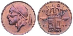 Belgium, Kingdom, Baudouin I, 50 Centimes Bronze 1977FL, Helmeted mine worker left, Morin 697a, SCARCE VARIETY WITH ADAM'S APPLE BELOW THE CHIN !, UNC