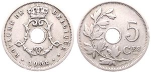 Belgium, Kingdom, Leopold II, 5 Centimes Copper-Nickel 1902/01FR, Center hole within crowned monogram, Morin 269a, VF