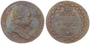Austrian Netherlands, Franz II, 2 Liards Copper 1793(b), Laureate bust right, KM 57 Brussels, VF+