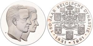 Belgium, Kingdom, Baudouin I, Medal in Silver 1981 by V.B., 150 Years Belgian Dynasty, Conjoined busts of King Baudouin I & Queen Fabiola / Belgian Coat of Arms, PROOF 