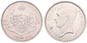 Belgium, Kingdom, Albert I, 20 Francs Silver 1933FL (Position A), Head left, Morin 306a, A.XF