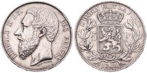 Belgium, Kingdom, Leopold II, 5 Francs Silver 1868, Bearded head left, Morin 167, VERY RARE VARIETY WITH ENGRAVER'S NAME BELOW TRUNCATION !, VF