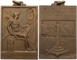 Belgium, Kingdom, Leopold III, Medal in Bronze 1939 by S. Martin, Exposition Internationale de l'eau, Seated angel with book ' Canal Albert ' / Flags & Perron, XF